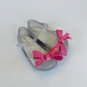 Mini Melissa Silver Glitter Mary Janes with Pink Bows
